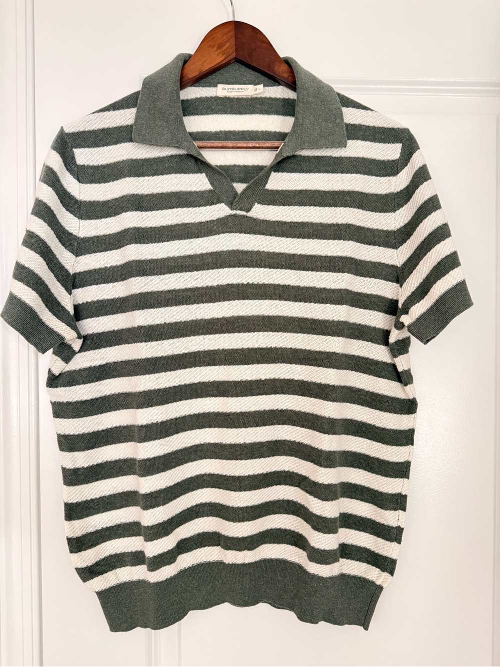 Suitsupply Olive Green & White Striped Short-Sleeve Polo